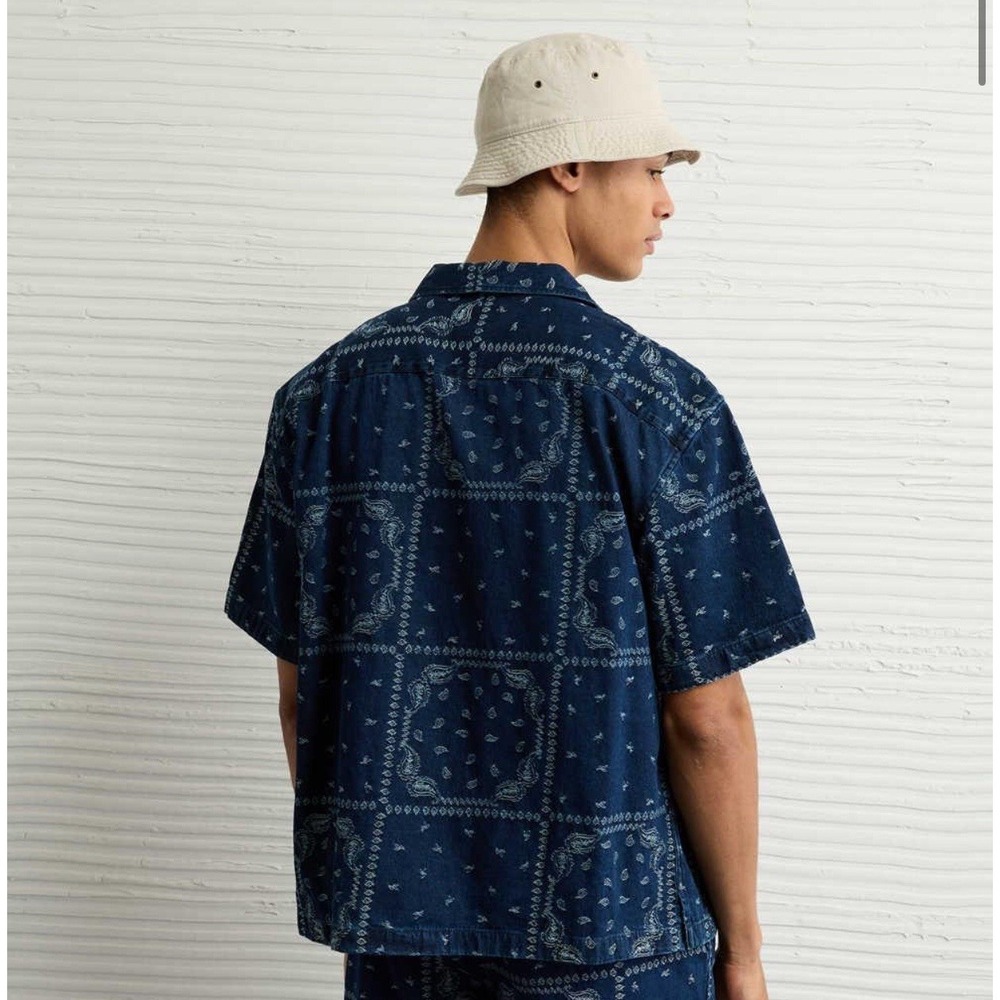 American Eagle Button Up Shirt Men's Size L Tall Blue Relaxed Bandana Paisley - Picture 10 of 16